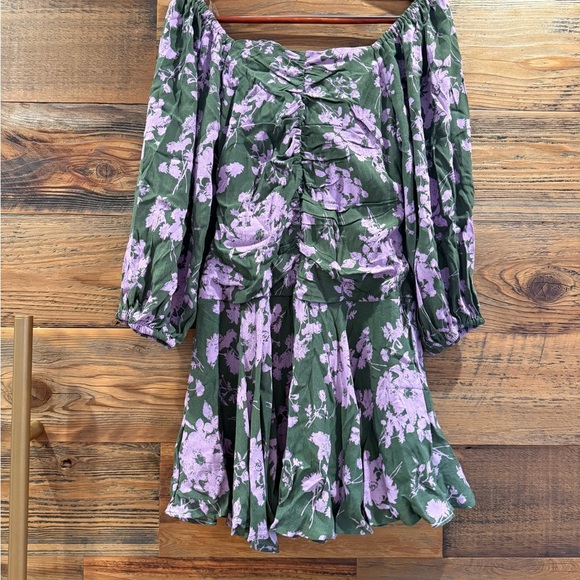 Easel Green and Purple Ruched Flirty Floral Dress - Picture 3 of 6